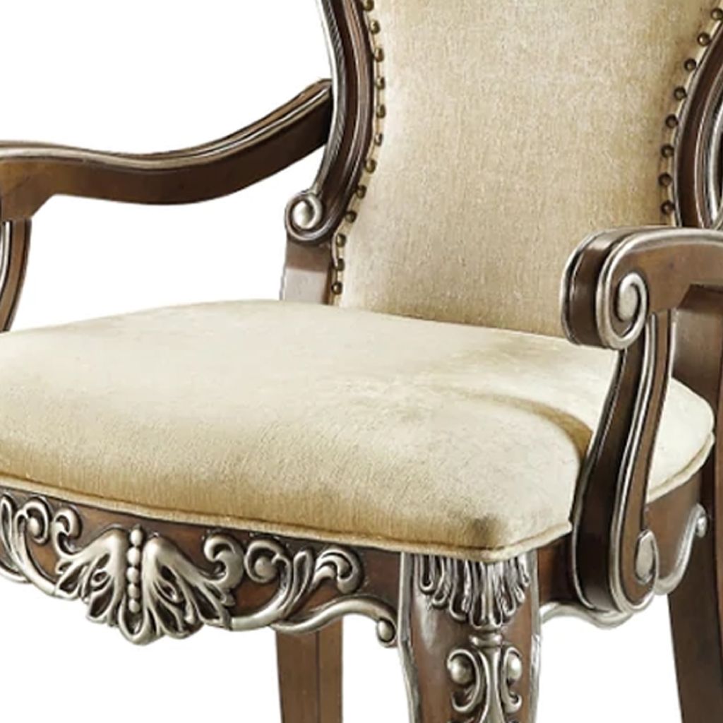 24 Inch Classic Upholstered Armchair, Scrolled Details, Nailhead, Brown - View 4