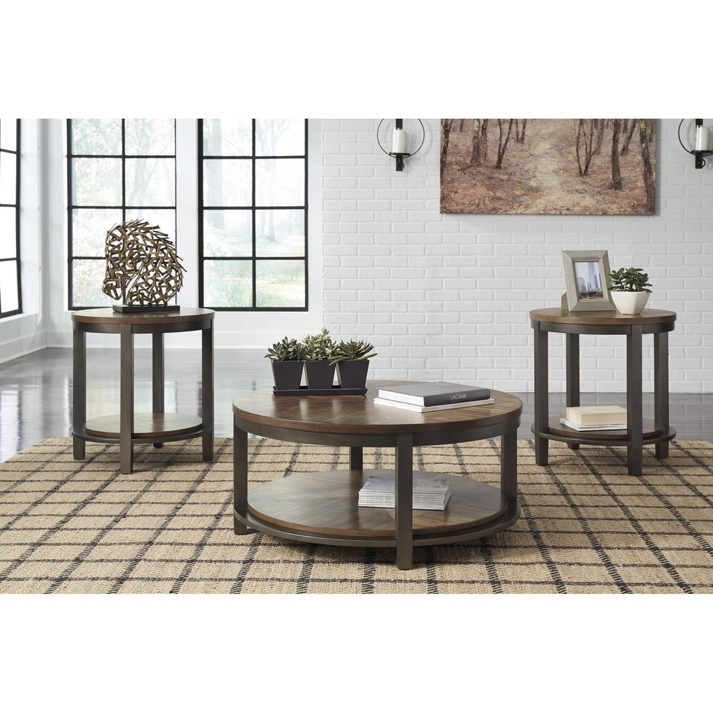 Round Metal Frame Table Set with Wooden Top and Open Bottom Shelf, Brown - View 4