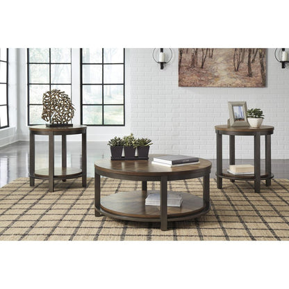 Round Metal Frame Table Set with Wooden Top and Open Bottom Shelf, Brown - View 4