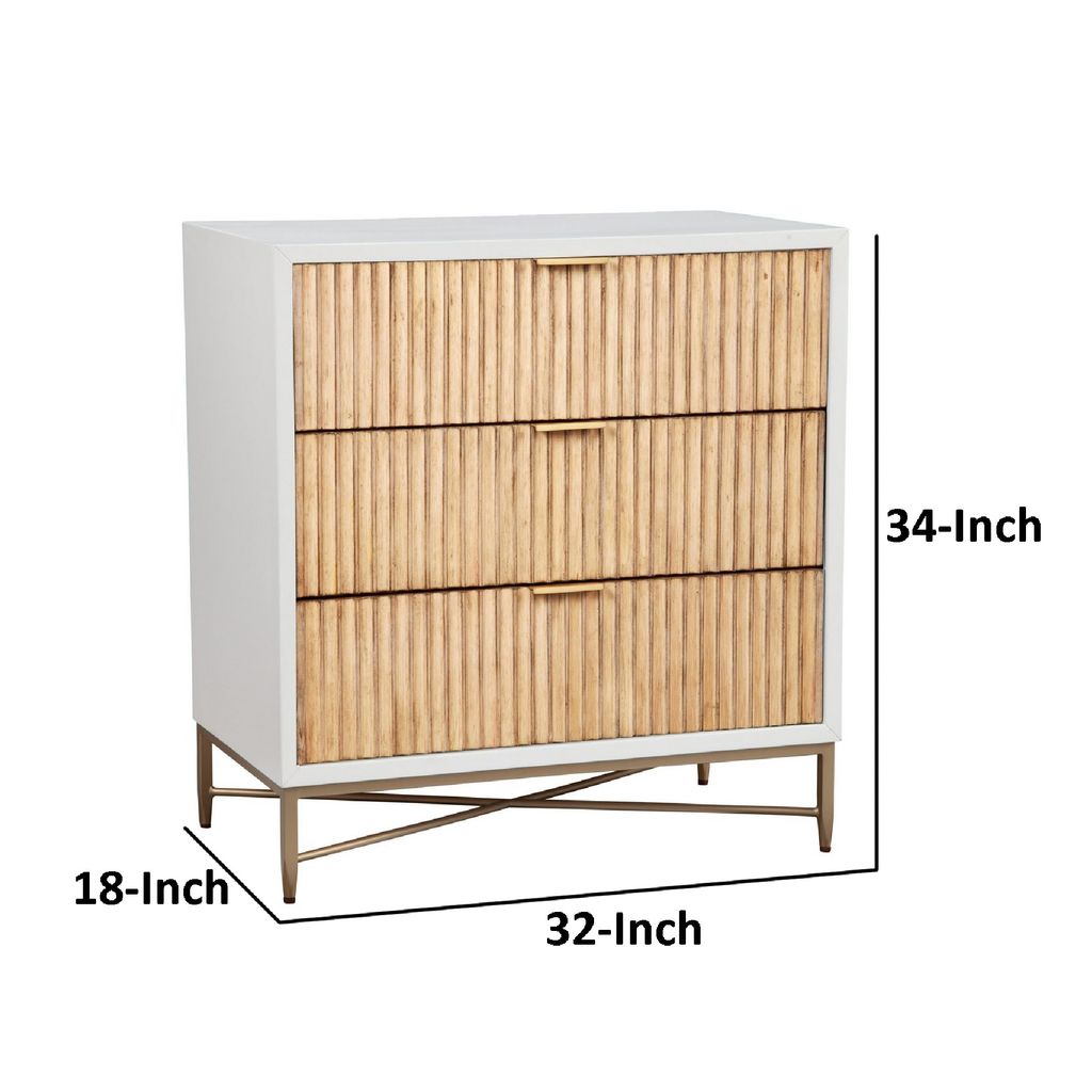 Eli 34 Inch 3 Drawer Small Dresser Nightstand, Corrugated Panels, White, Gold - View 5