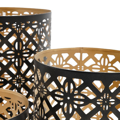 Set of 3 Lantern Candle Holders, Moroccan Lattice, Gold, Black Metal Frames - View 3
