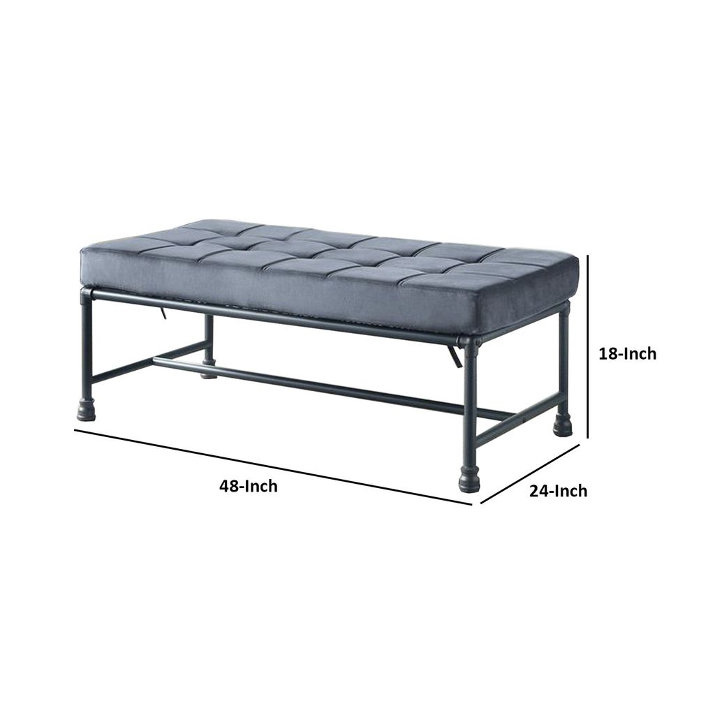 Bench with Button Tufted Seat and Pipe Style Metal Frame, Gray - View 6