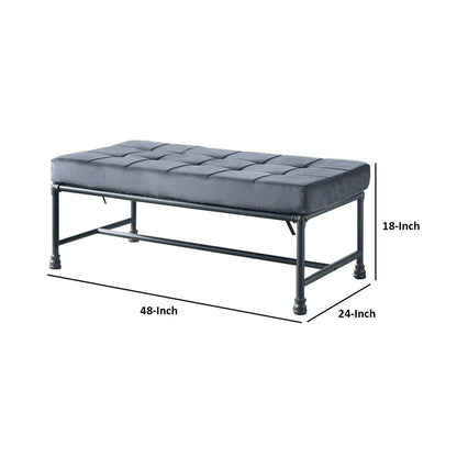 Bench with Button Tufted Seat and Pipe Style Metal Frame, Gray - View 6