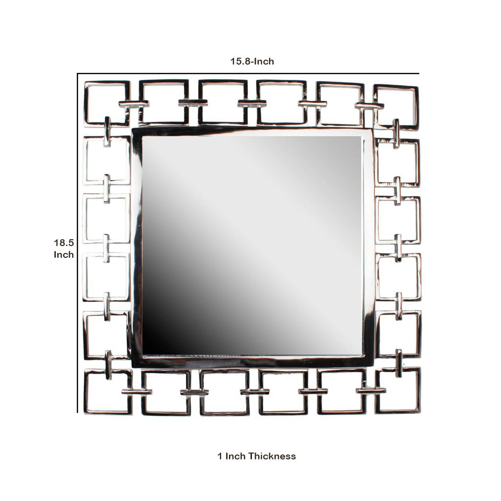 Modern Style Metal Openwork Square Framed Mirror, Silver - View 5