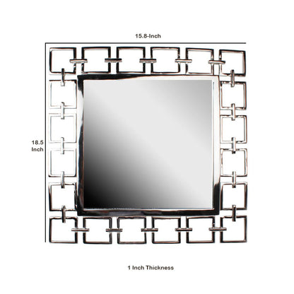 Modern Style Metal Openwork Square Framed Mirror, Silver - View 5