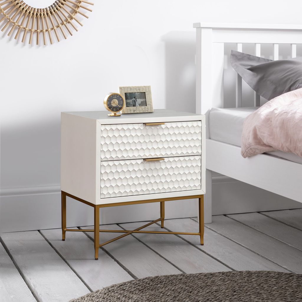 Rexi 26 Inch 2 Drawer Nightstand, Honeycomb, Mahogany Wood, White, Gold - View 6