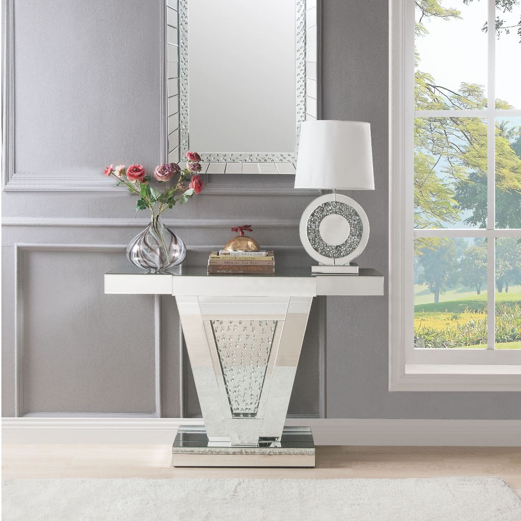 Wood and Mirror  Console Table with Faux Crystals Inlay, Clear - View 7