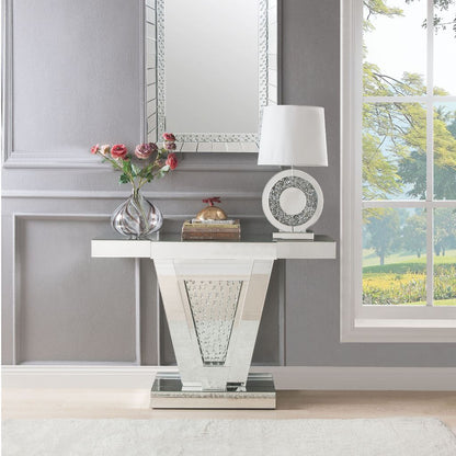 Wood and Mirror  Console Table with Faux Crystals Inlay, Clear - View 7