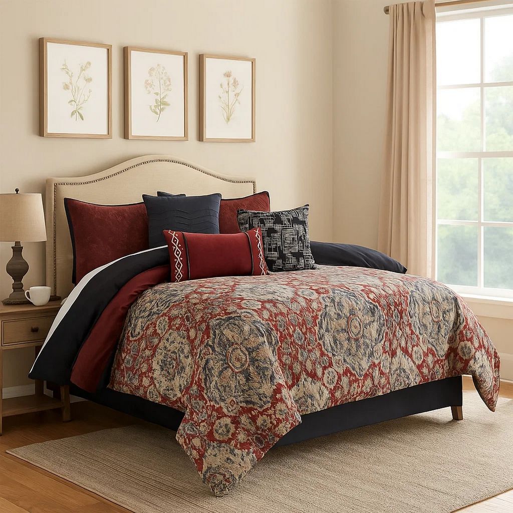 10 Piece King Size Comforter Set with Medallion Print, Red and Blue - View 7