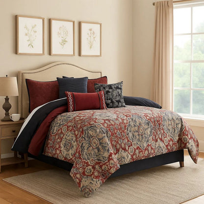 10 Piece King Size Comforter Set with Medallion Print, Red and Blue - View 7