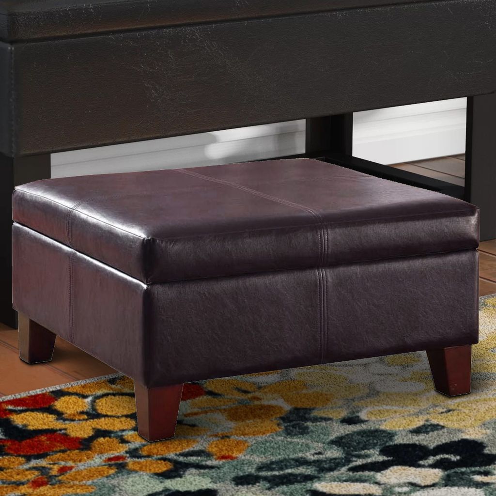 Leatherette Upholstered Wooden Ottoman With Hinged Storage, Brown, Large - View 7