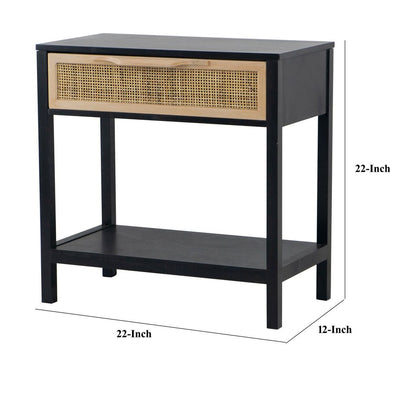 Rosette 22 Inch Side End Table, Natural Brown Rattan Front Drawer, Open Shelf, Black Mango Wood Fram - View 5