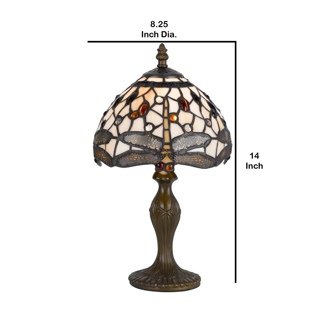 Metal Body Tiffany Table Lamp with Dragonfly Design Shade, Multicolor - View 6