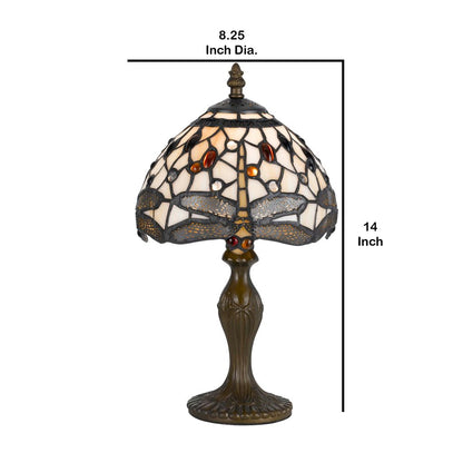 Metal Body Tiffany Table Lamp with Dragonfly Design Shade, Multicolor - View 6