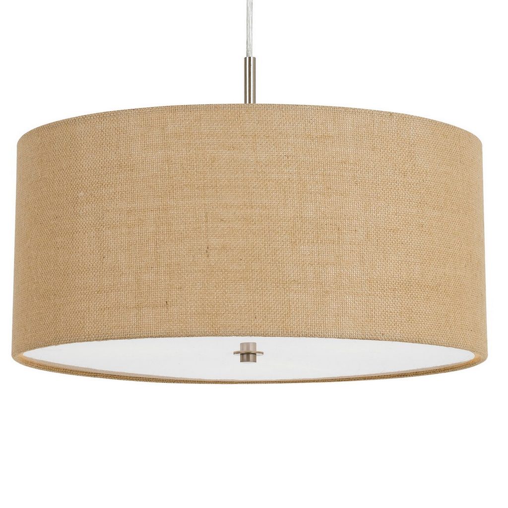 Metal Pendant Lighting with Fabric Circular Drum Shade and Cord, Beige - View 4