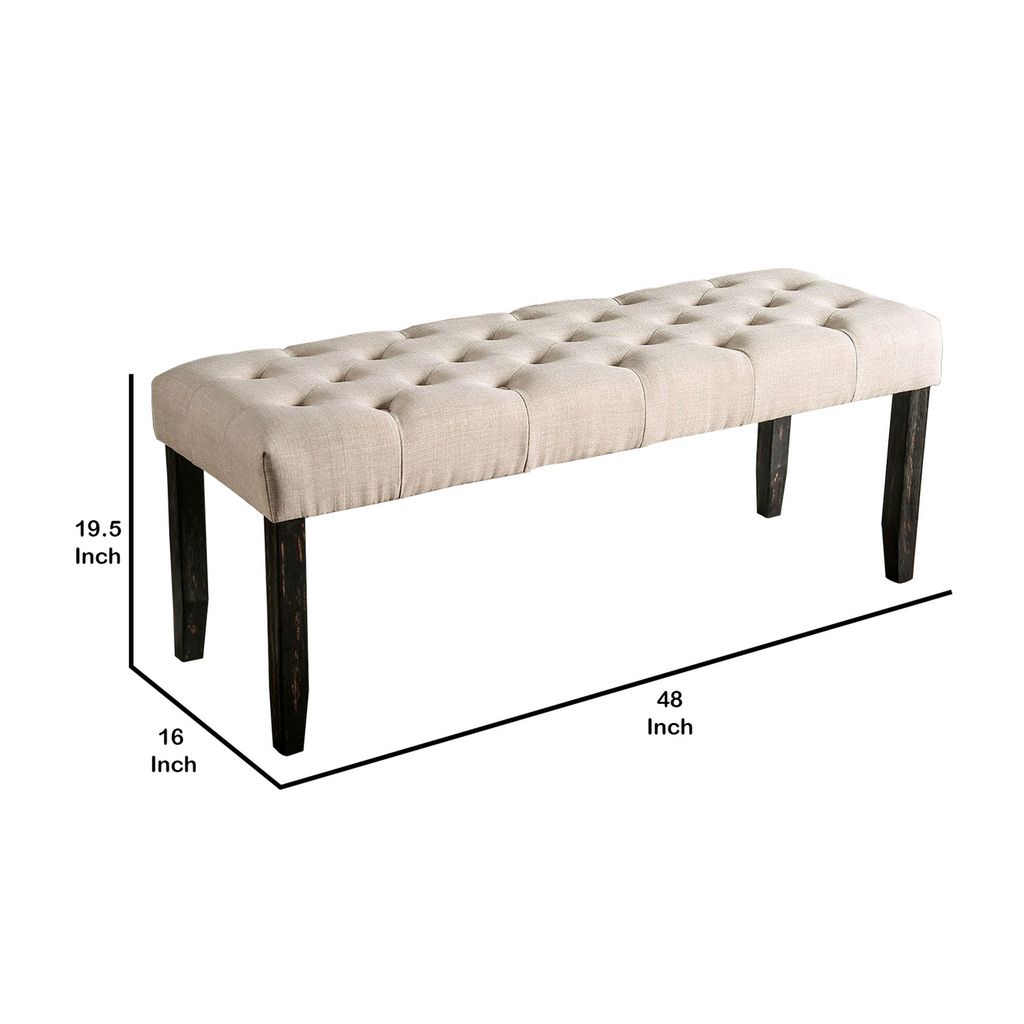 20 Inch Button Tufted Wooden Bench, Antique Black and Beige - View 6