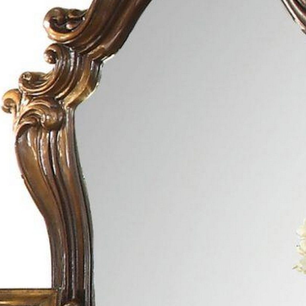 Scroll and Molded Wooden Mirror with Carved Details, Cherry Brown - View 4