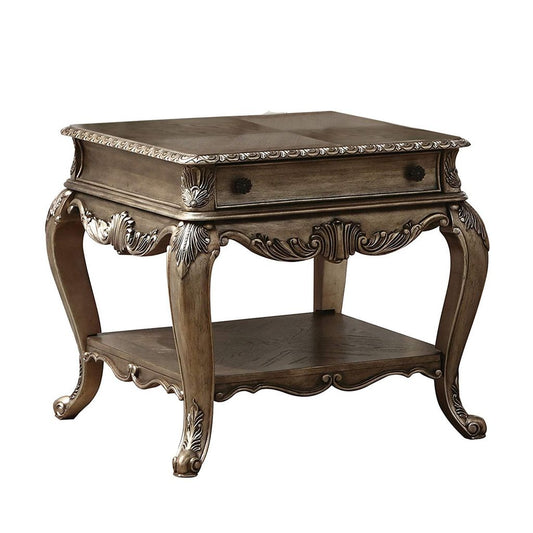 Wooden End Table With One Drawer And Bottom Shelf, Vintage Oak Brown