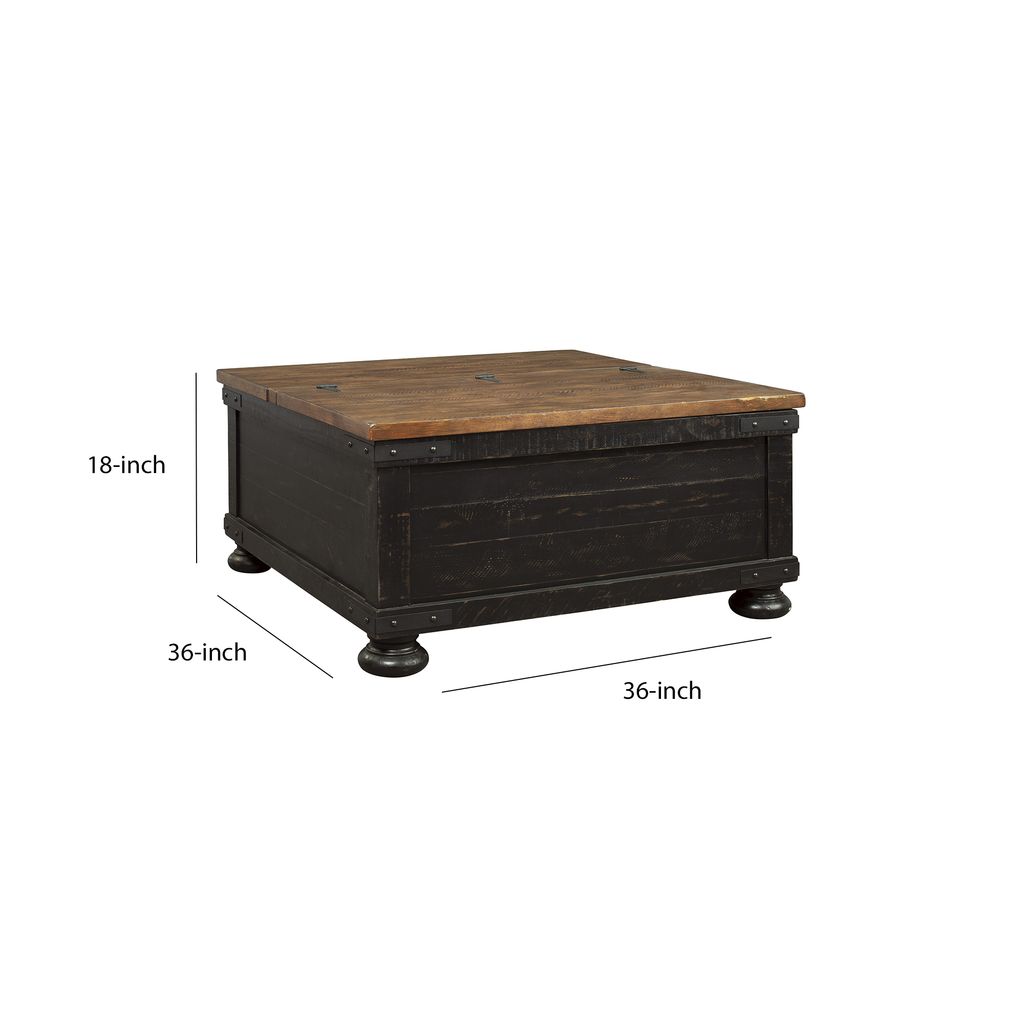 Square Wooden Lift Top Cocktail Table with Trunk Storage, Brown and Black - View 5