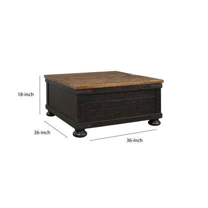 Square Wooden Lift Top Cocktail Table with Trunk Storage, Brown and Black - View 5