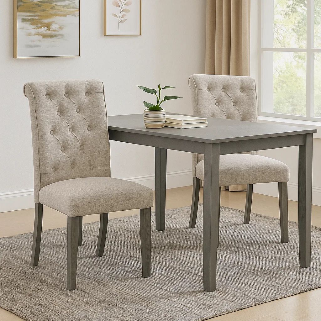 Side Chair with Button Tufted Backrest, Set of 2, Beige - View 7