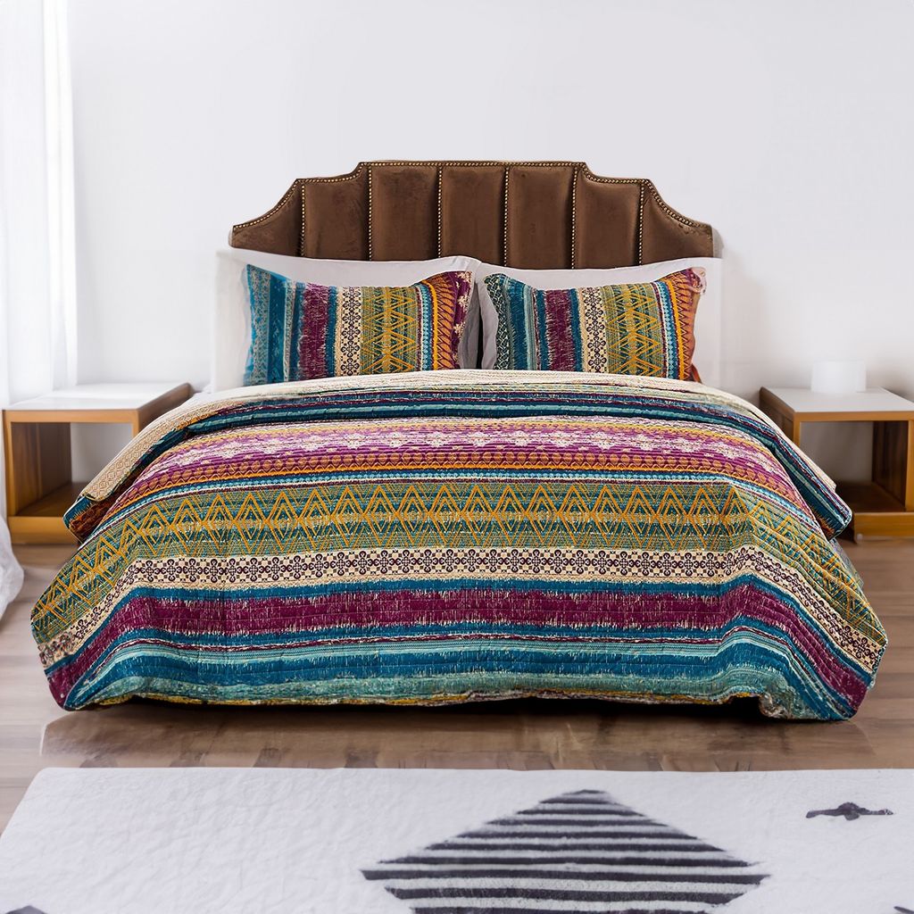 Tribal Motif Print Cotton Twin Quilt Set with 1 Pillow Sham, Multicolor - View 6