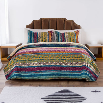 Tribal Motif Print Cotton Twin Quilt Set with 1 Pillow Sham, Multicolor - View 6