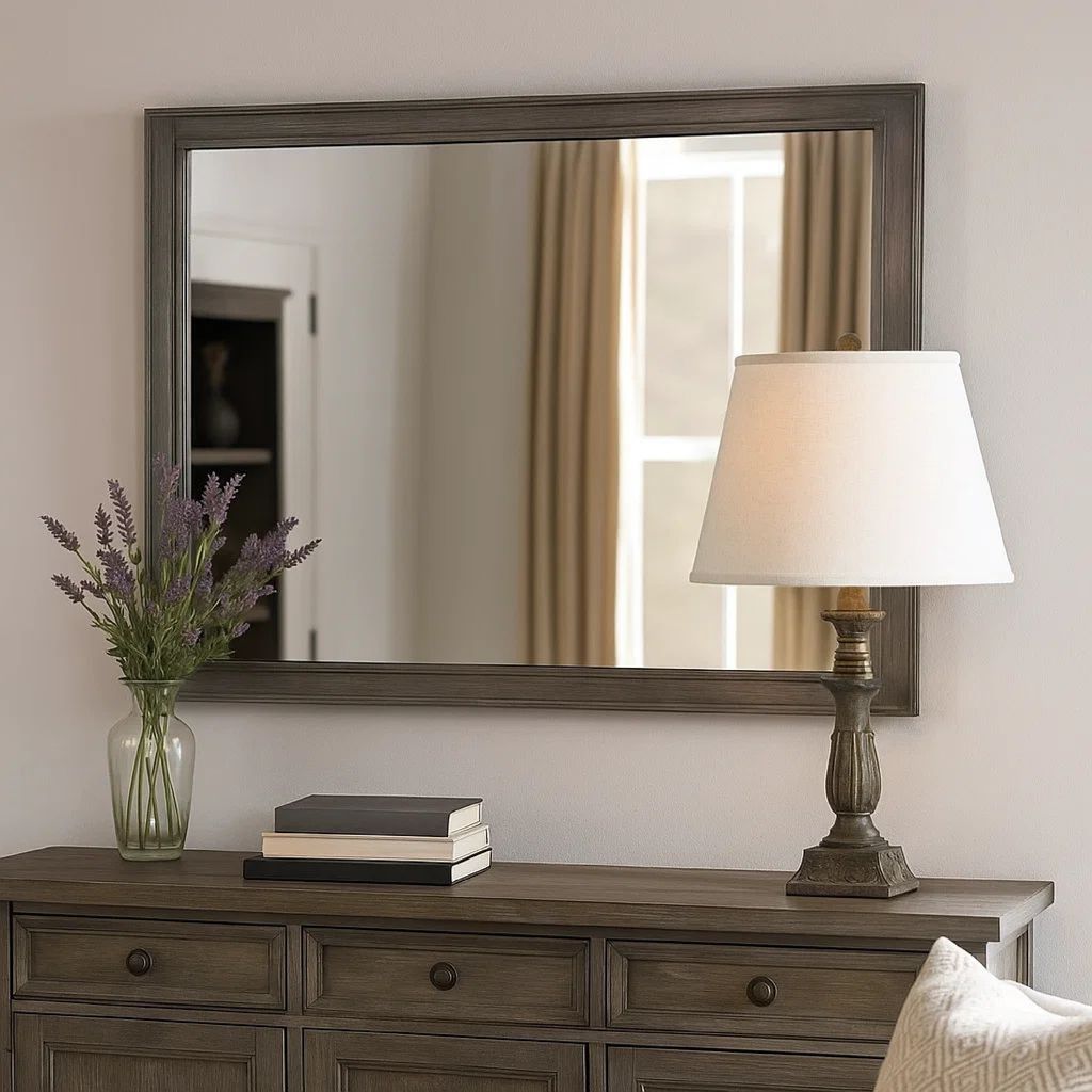 38 Transitional Style Square Wooden Frame Mirror, Gray - View 7