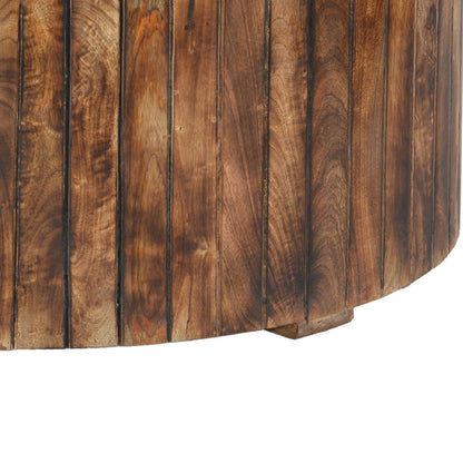 34 Inch Handmade Wooden Round Coffee Table with Plank Design, Burned Brown - View 2
