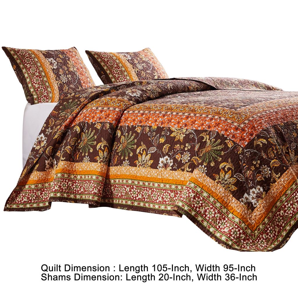 3 Piece King Quilt Set, Bohemian, Jacobean Floral Print, Brown, Orange - View 5