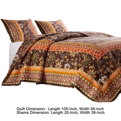 3 Piece King Quilt Set, Bohemian, Jacobean Floral Print, Brown, Orange - View 5