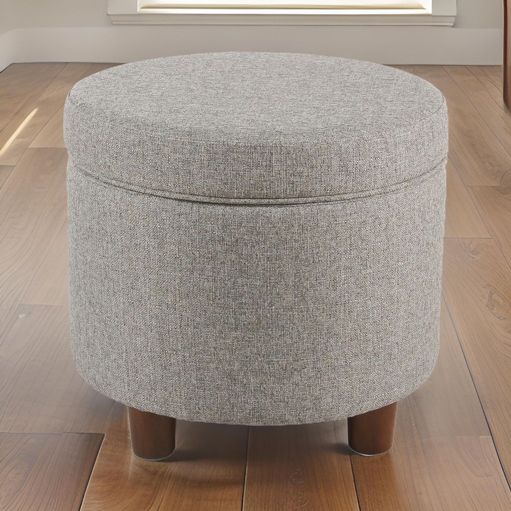 Fabric Upholstered Round Wooden Ottoman with Lift Off Lid Storage, Light Gray - View 7