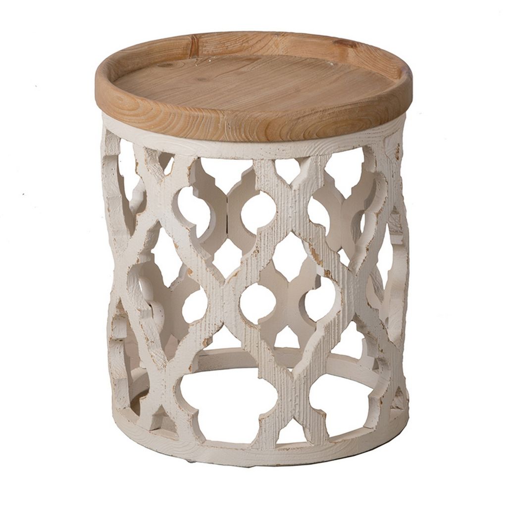 23 Inch Side Table, Vintage Wood Cutout Design, Round Top, Brown, Cream - View 4
