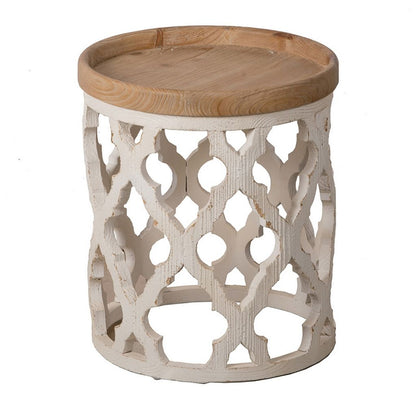 23 Inch Side Table, Vintage Wood Cutout Design, Round Top, Brown, Cream - View 4
