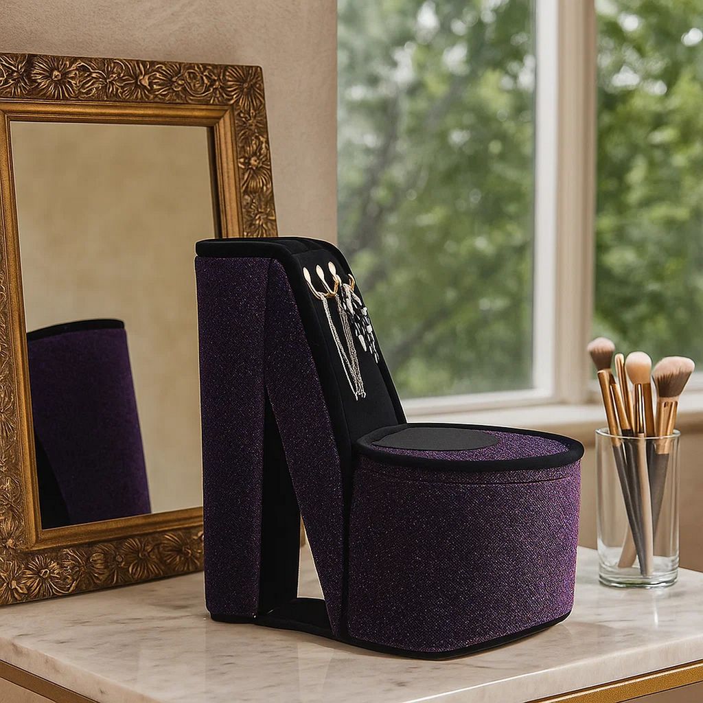 High Heel Shoe Jewelry Box with 3 Hooks and Storage, Purple - View 7