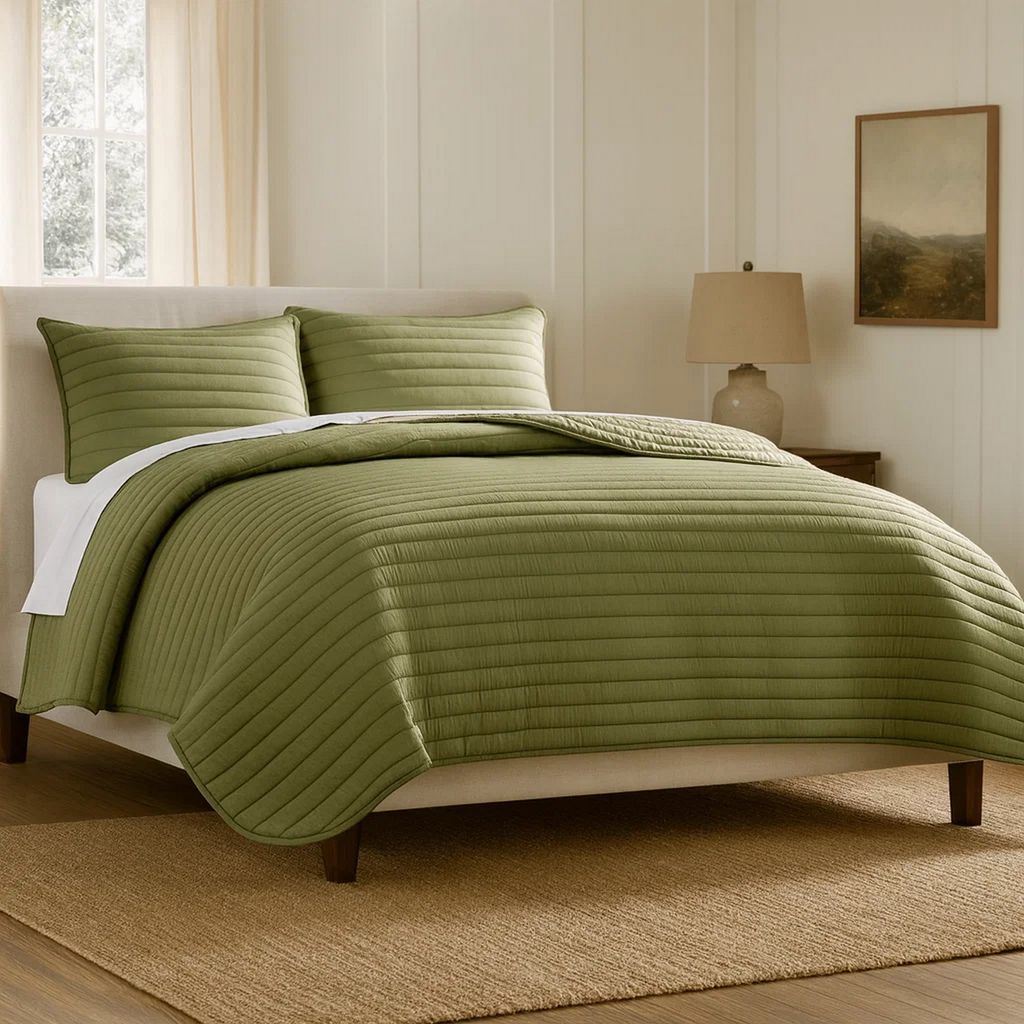 Cabe 3 Piece Queen Comforter Set, Polyester Puffer Channel Quilted, Green - View 7