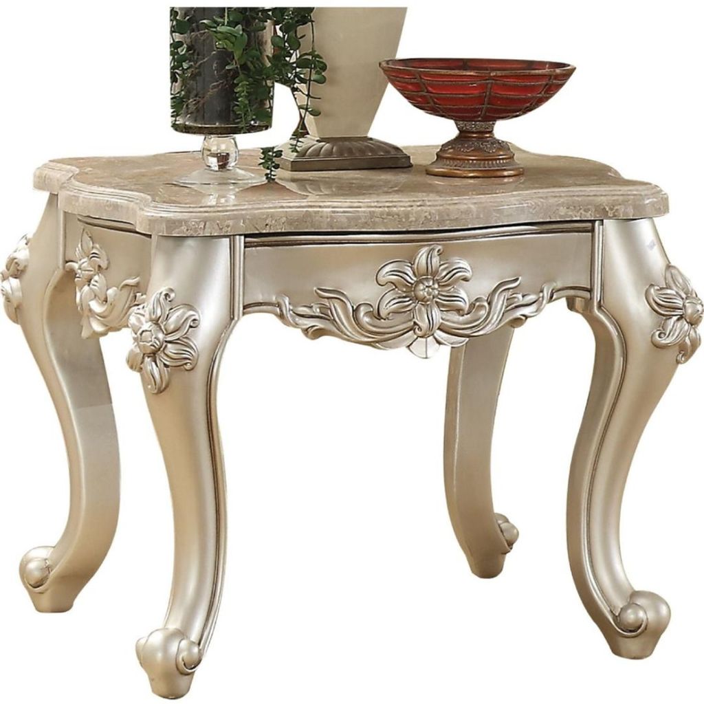 Marble Top End Table With Flower Motif Engraved Angular Wood Feet, Silver
