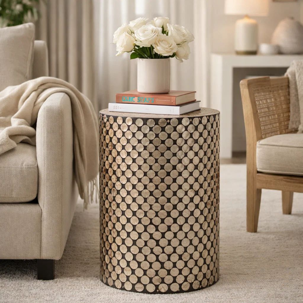 20 Inch Stool Table, Round Wood Design, Modern, Capiz Inlay, Black, White - View 7