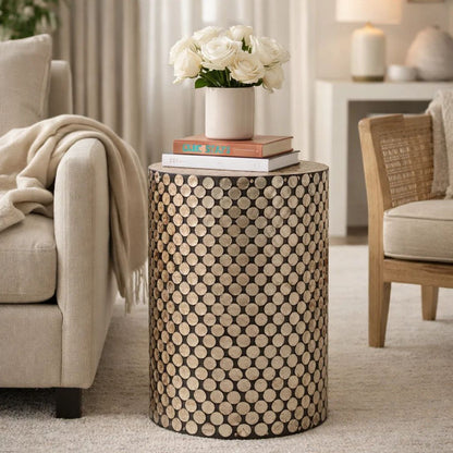 20 Inch Stool Table, Round Wood Design, Modern, Capiz Inlay, Black, White - View 7