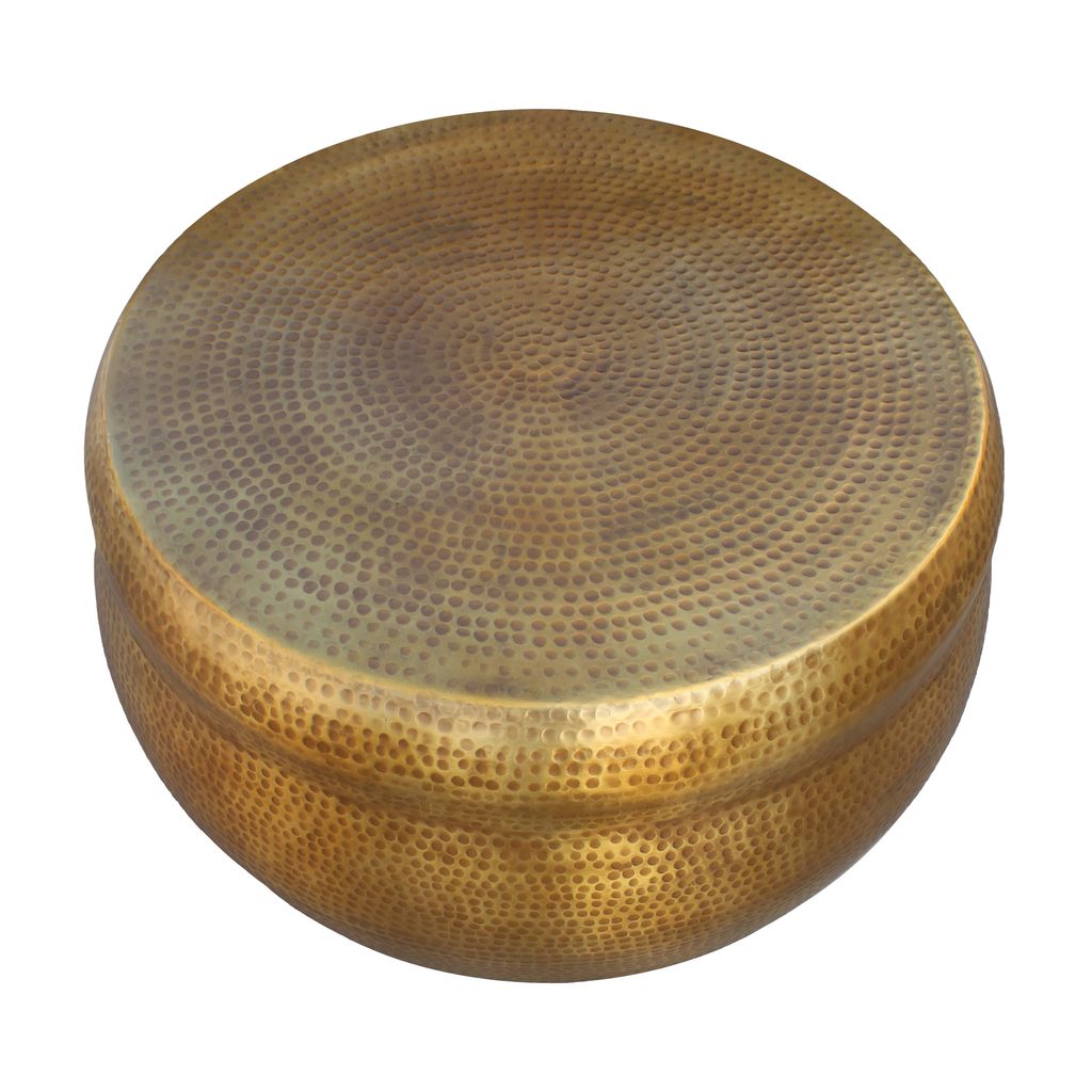 Kvira 32" Artisanal Round Drum Coffee Table, Hammered Embossed Texturing, Aluminum, Antique Brass - View 2