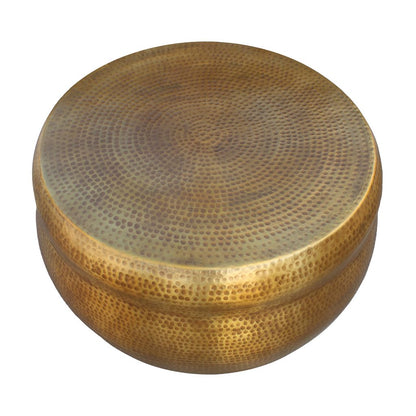 Kvira 32" Artisanal Round Drum Coffee Table, Hammered Embossed Texturing, Aluminum, Antique Brass - View 2