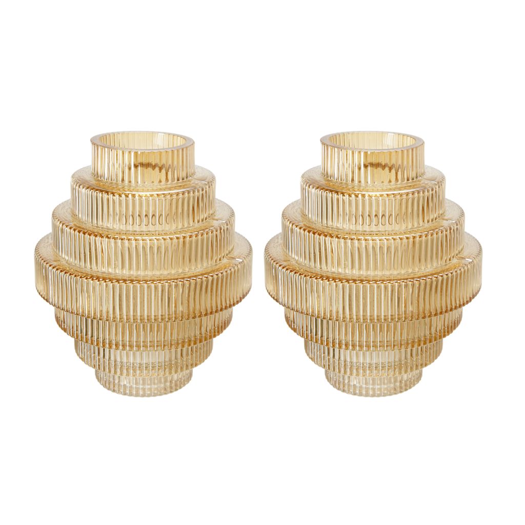 Rae Set of 2 Glass Vases, Geometric Round, Amber Yellow and Clear Finish