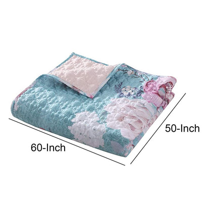 50 x 60 Inch Microfiber Throw Blanket, Floral Print, Blue, Pink, White - View 4