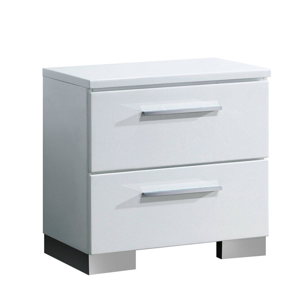 2 Drawer Wooden Nightstand with Metal Pulls, Glossy White - View 7