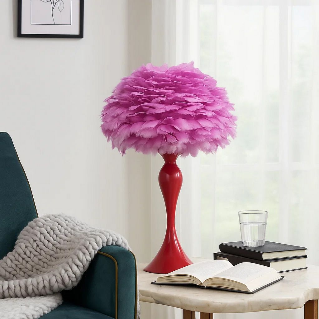 Lily 24 Inch Metal Glam Feather Table Lamp, Candlestick, 40W, Pink, Red - View 7