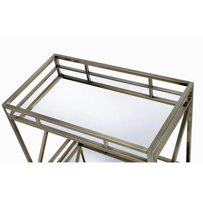 Metal Framed Two Tier Serving Cart with X Shaped Side Panels, Mirrored, Antique Gold - View 4