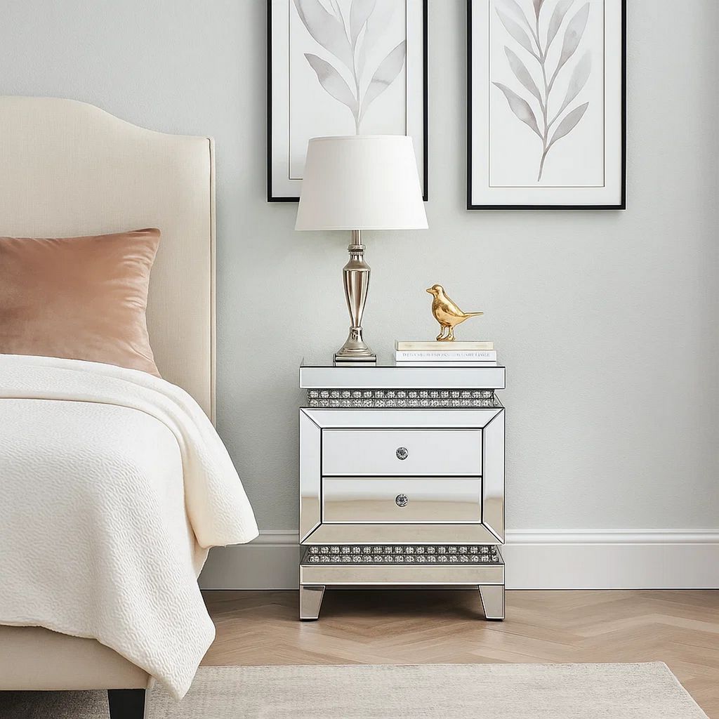 2 Drawer Mirror Inlay Accent Table with Faux Crystal Accents, Silver - View 4