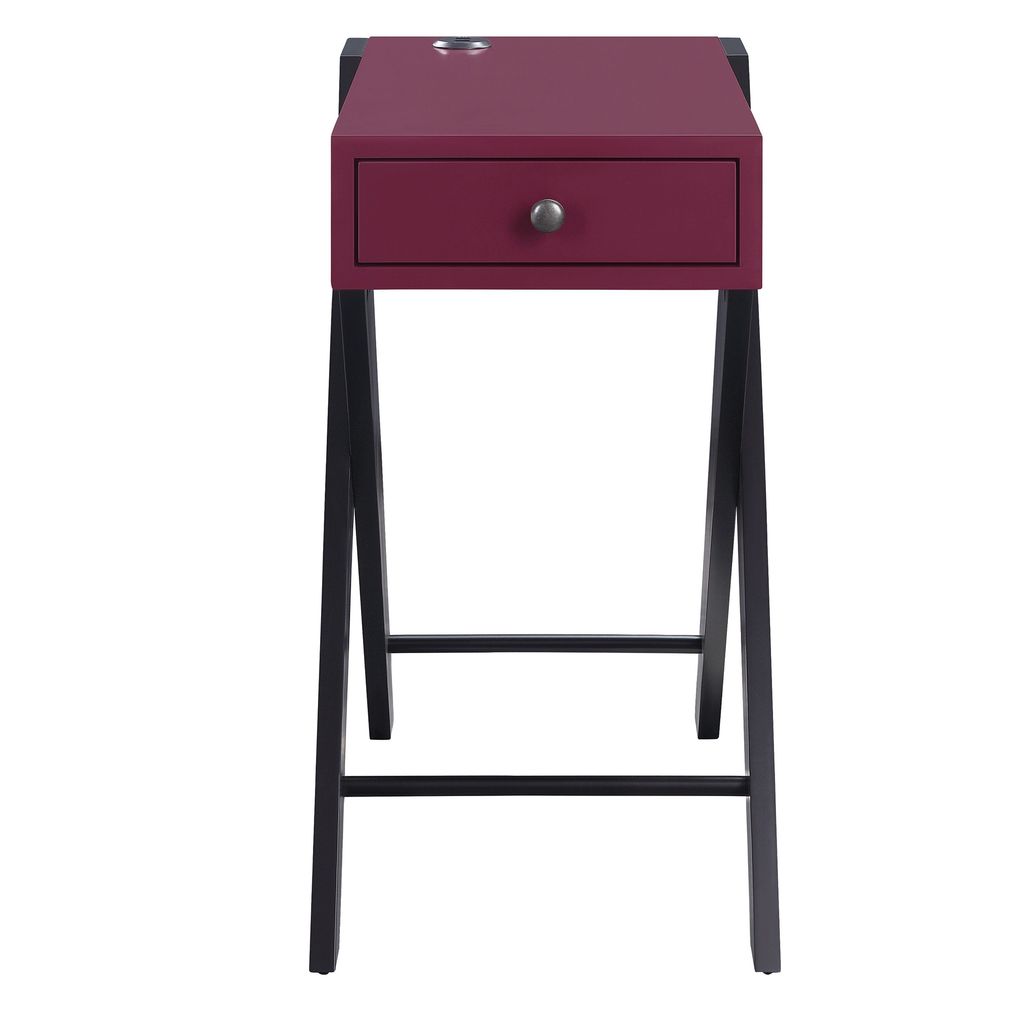 Wooden Frame Side Table with X Shaped Legs and 1 Drawer, Purple and Black - View 2