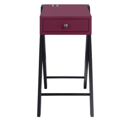Wooden Frame Side Table with X Shaped Legs and 1 Drawer, Purple and Black - View 2