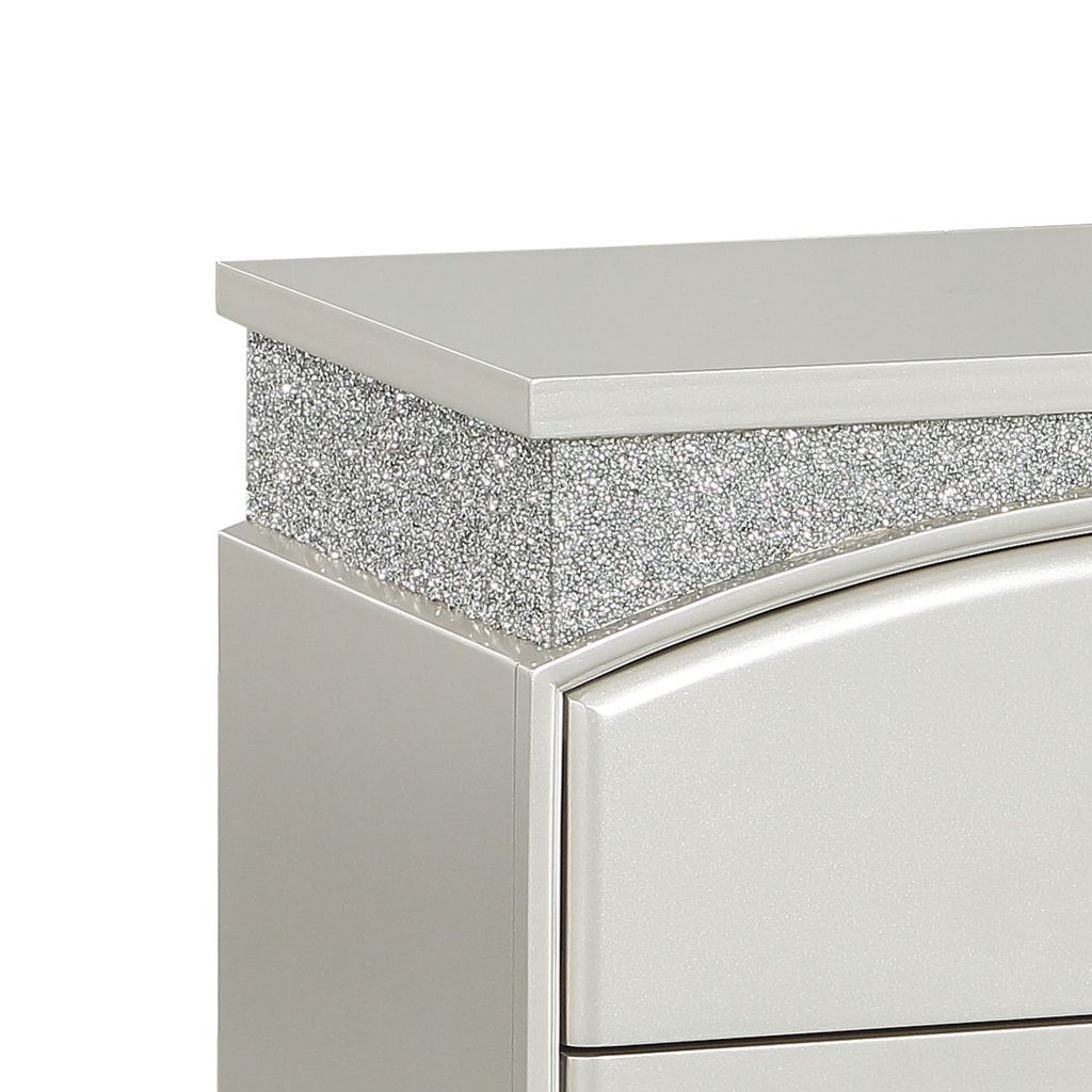 Modern Style 2 Drawer Wooden Nightstand with Rhinestone Inlays, Silver - View 3
